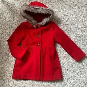 Crazy 8 elegant red faux fur hood pea coat‎ size 5-6y winter fall pockets